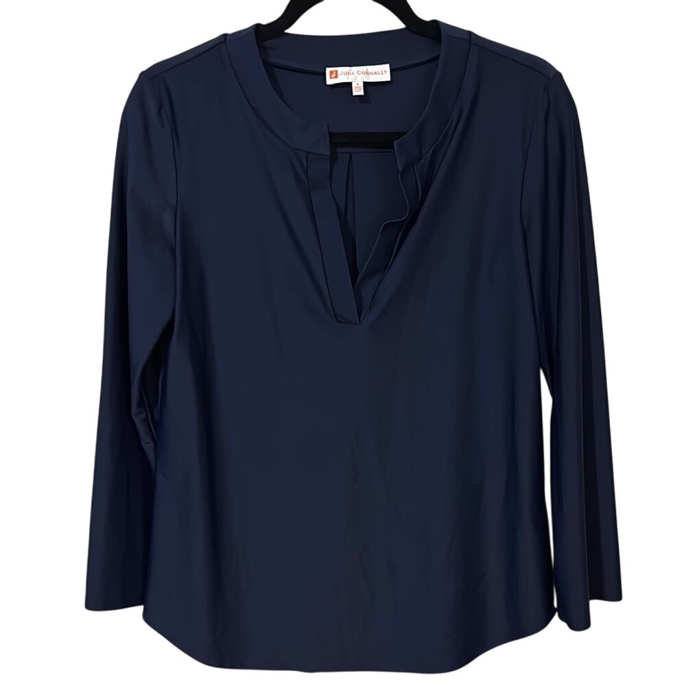 Jude Connally Navy Blue V-Neck 3/4‎ Sleeve Nylon Knit Blouse